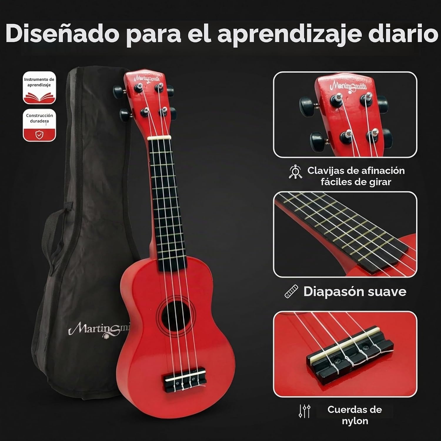 Detalle 2 de Martin Smith UK212-RD Ukulele Soprano de 21" con Bolsa (Rojo) – ideal para principiantes