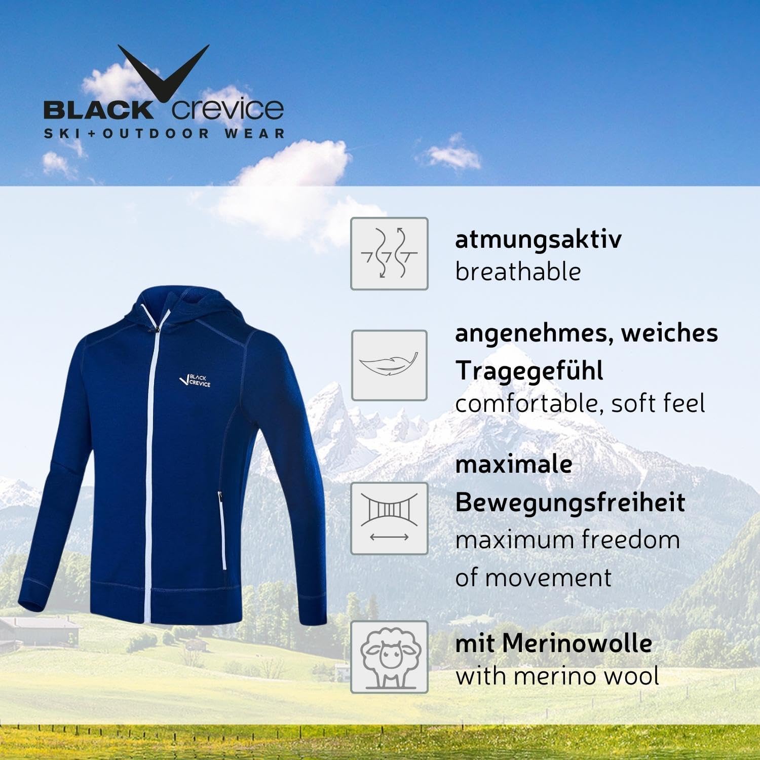 Detalle 2 de Black Crevice Giacca in lana merino da uomo con cappuccio – 70% lana merino, 30% PES, mulesing free