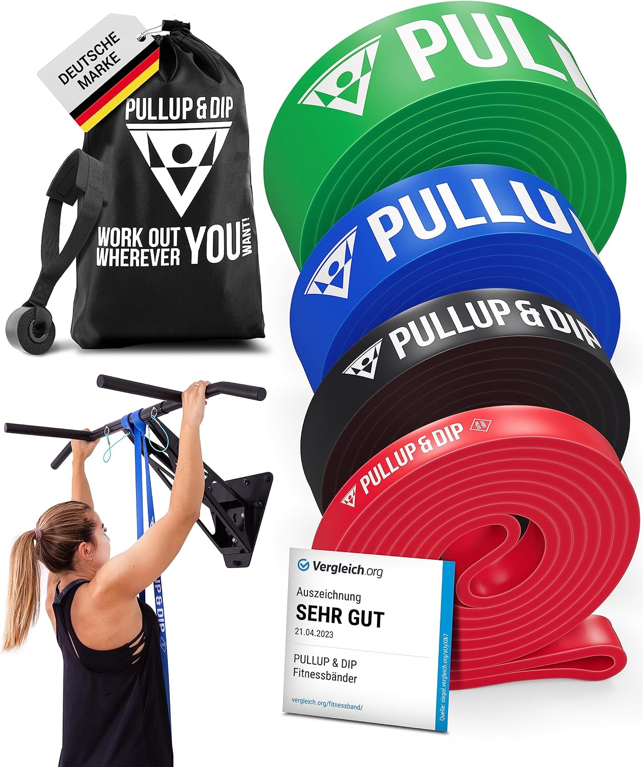 Detalle de PULLUP & DIP Fitnessband Set mit Tasche 4 Stärken