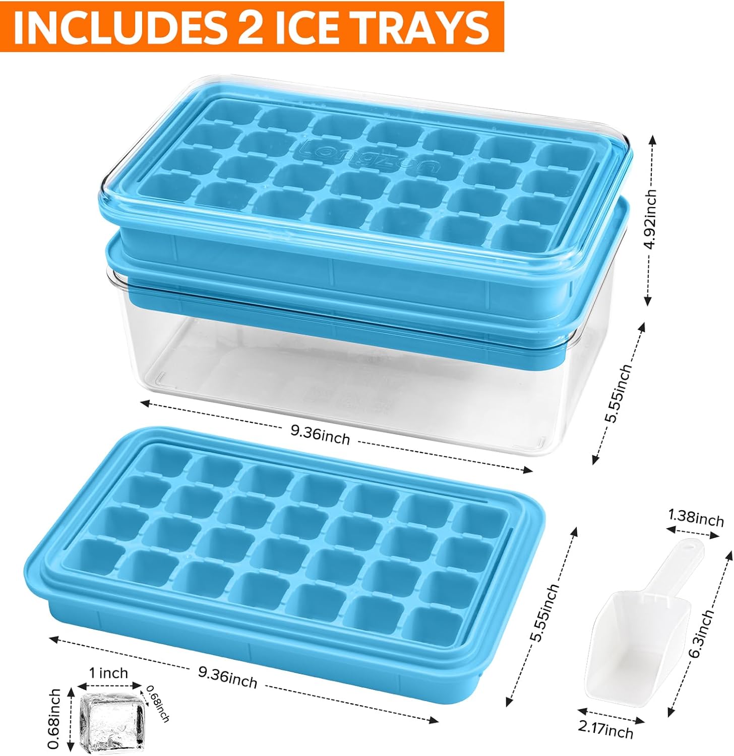 Thumbnail 1 de longzon Eiswürfelform mit Deckel & Behälter (56 Stück) inkl. Eisschaufel – auslaufsicher, stapelbar, blau