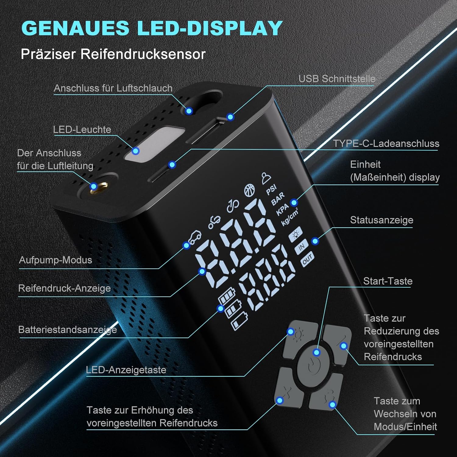 Detalle de TECHCYC Elektrische Luftpumpe Fahrradpumpe 150 PSI – Mini-Kompressor mit Auto-Stopp, LED-Licht & USB-C-Akkupower