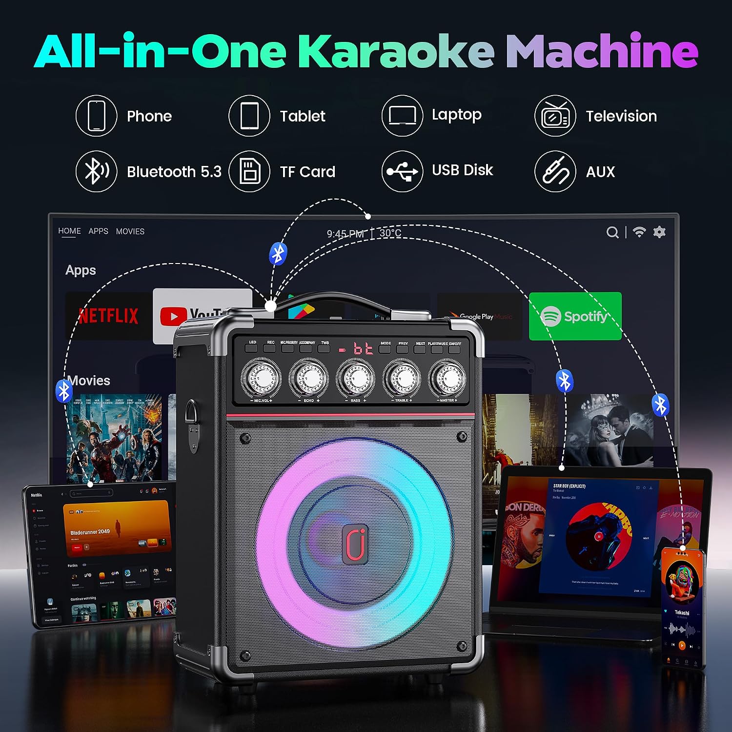 Detalle de PPMIC TX05 Portable Karaoke Machine, 100W, Bluetooth 5.3, 2 Wireless Mics