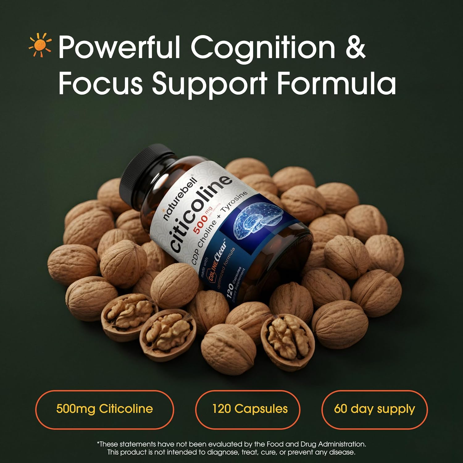 Detalle de NatureBell Citicoline 500 mg Capsules with CDP Choline and Tyrosine, 120 Count