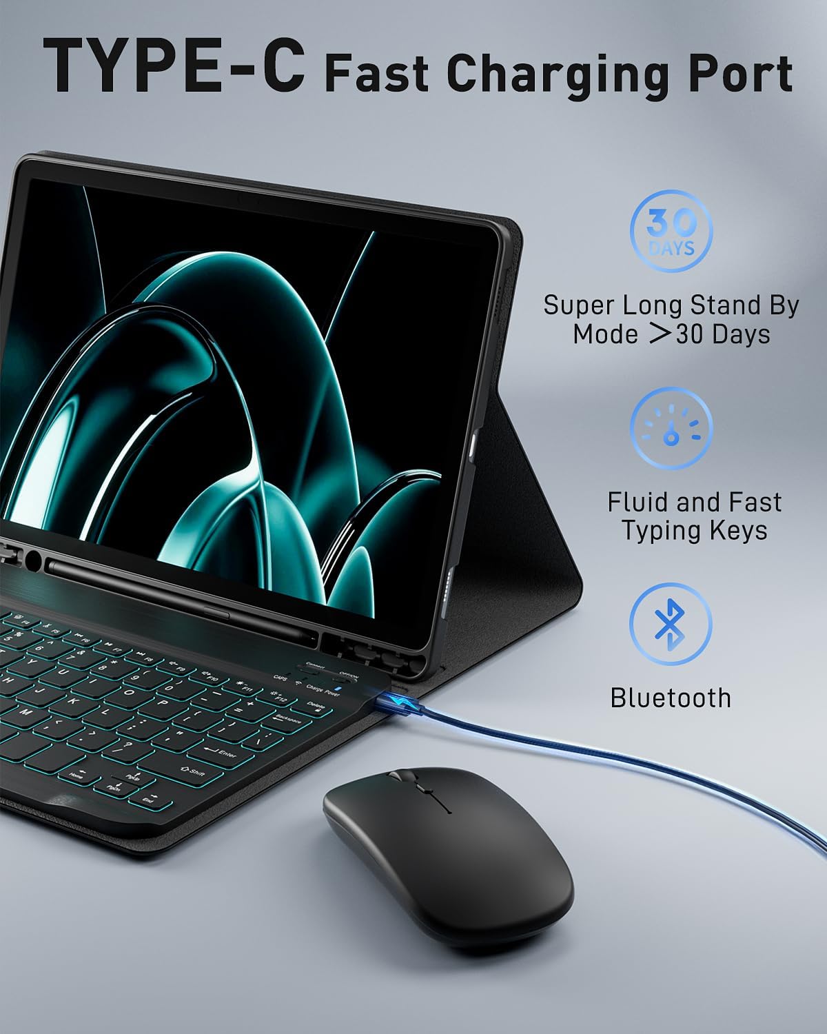 Thumbnail 4 de TUNKARMOR A16 iPad 10th/11th Generation Keyboard Case (Backlit) with Pencil Holder, Black