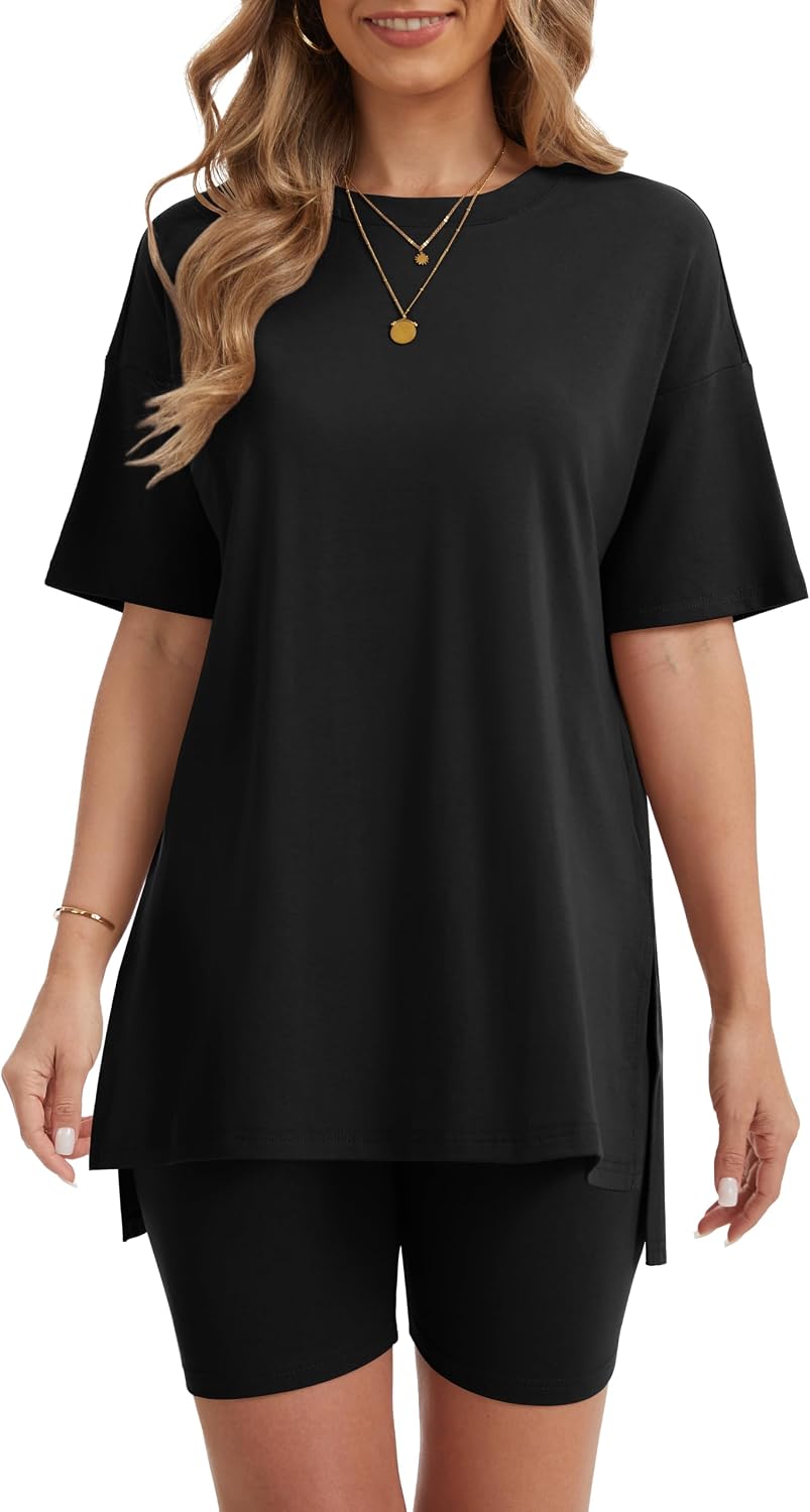 Detalle de RUBZOOF Women's 2-Piece Lounge Sets (Oversized Shirt & Biker Shorts) for Summer Travel