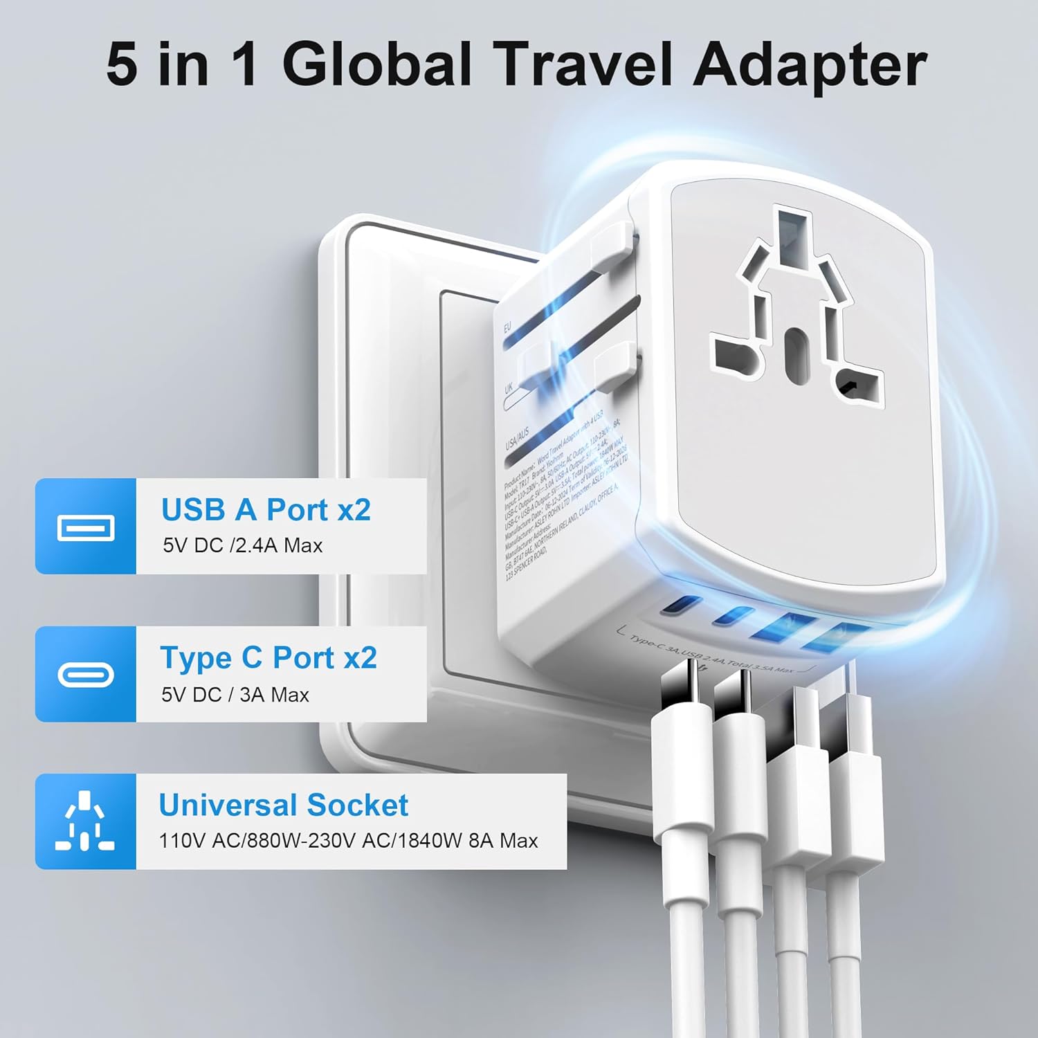 Detalle de Adattatore Universale da Viaggio 5 in 1 con 2 USB A, 2 Type-C e 1 Spina AC