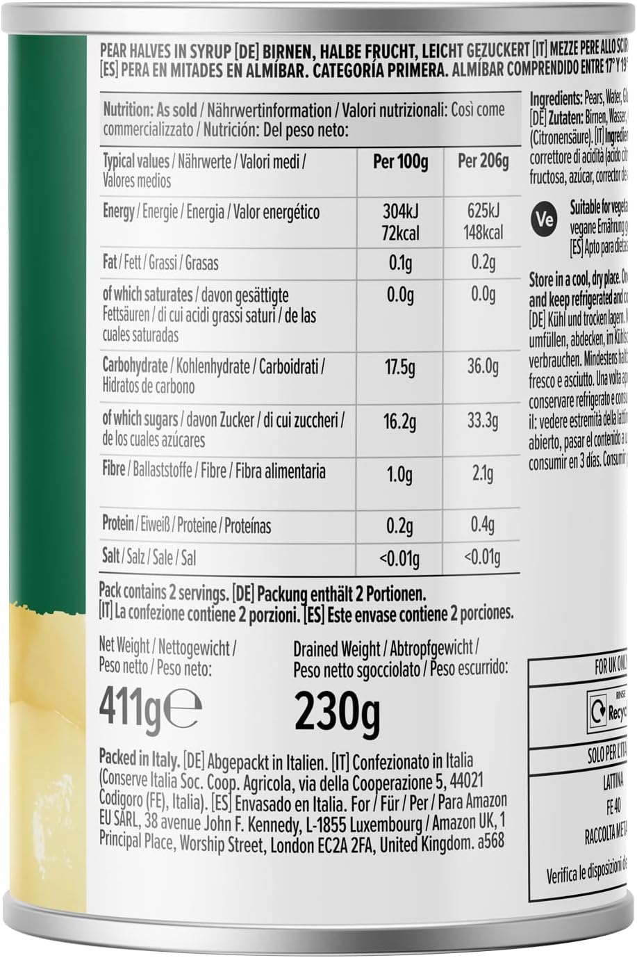 Detalle de Mezze Pere Allo Sciroppo 411 g – by Amazon Mezze Pere Allo Sciroppo (confezione 2 porzioni)