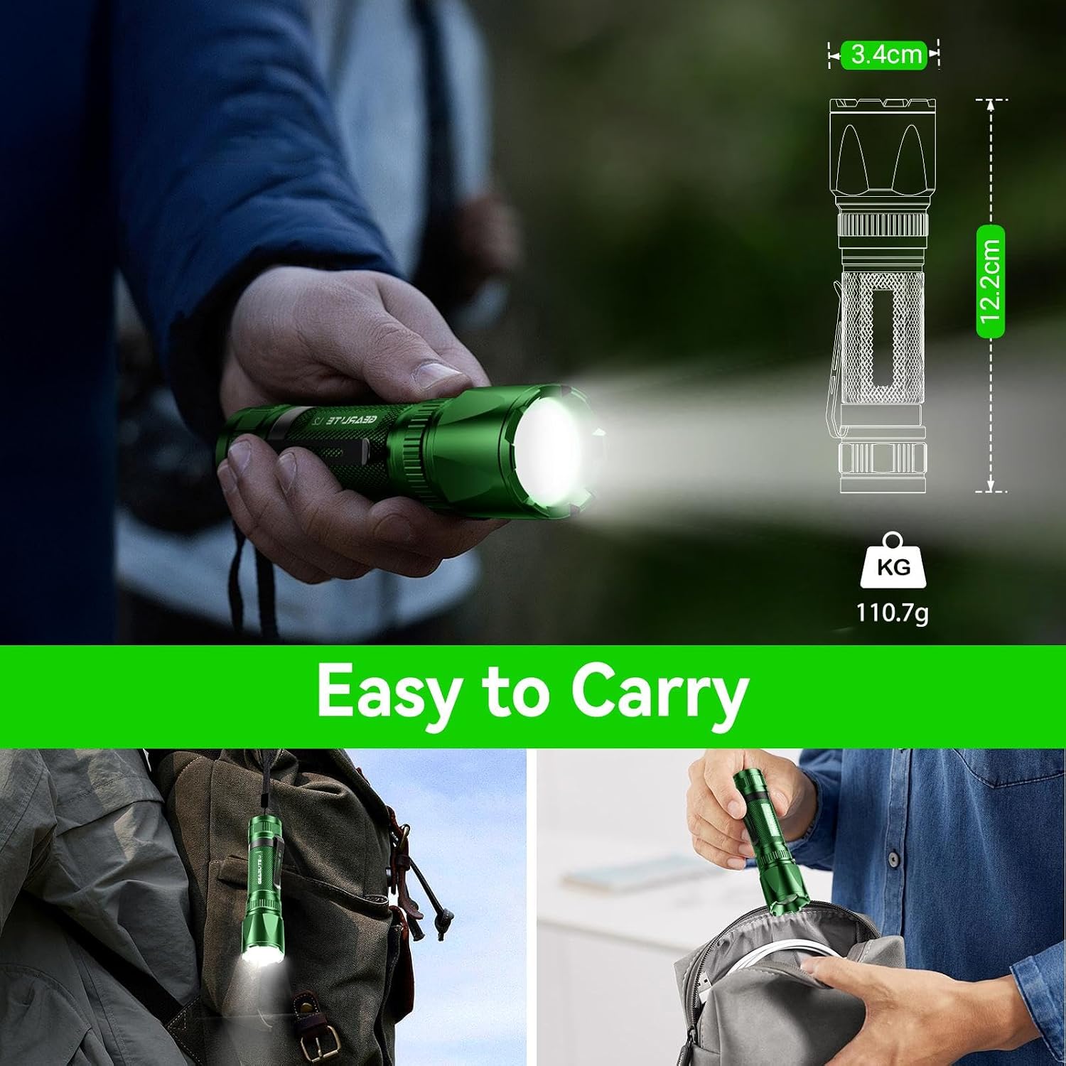 Detalle de GEARLITE LED Torch Rechargeable: 3500LM, 200m Beam, Clip‑On Focusable Flashlight