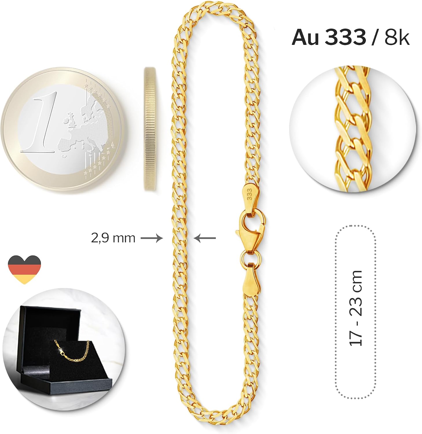 Detalle de EDELIND Bracelet Femme Or Jaune 333/585 – Chaîne Double 2,9 mm avec Fermoir Mousqueton