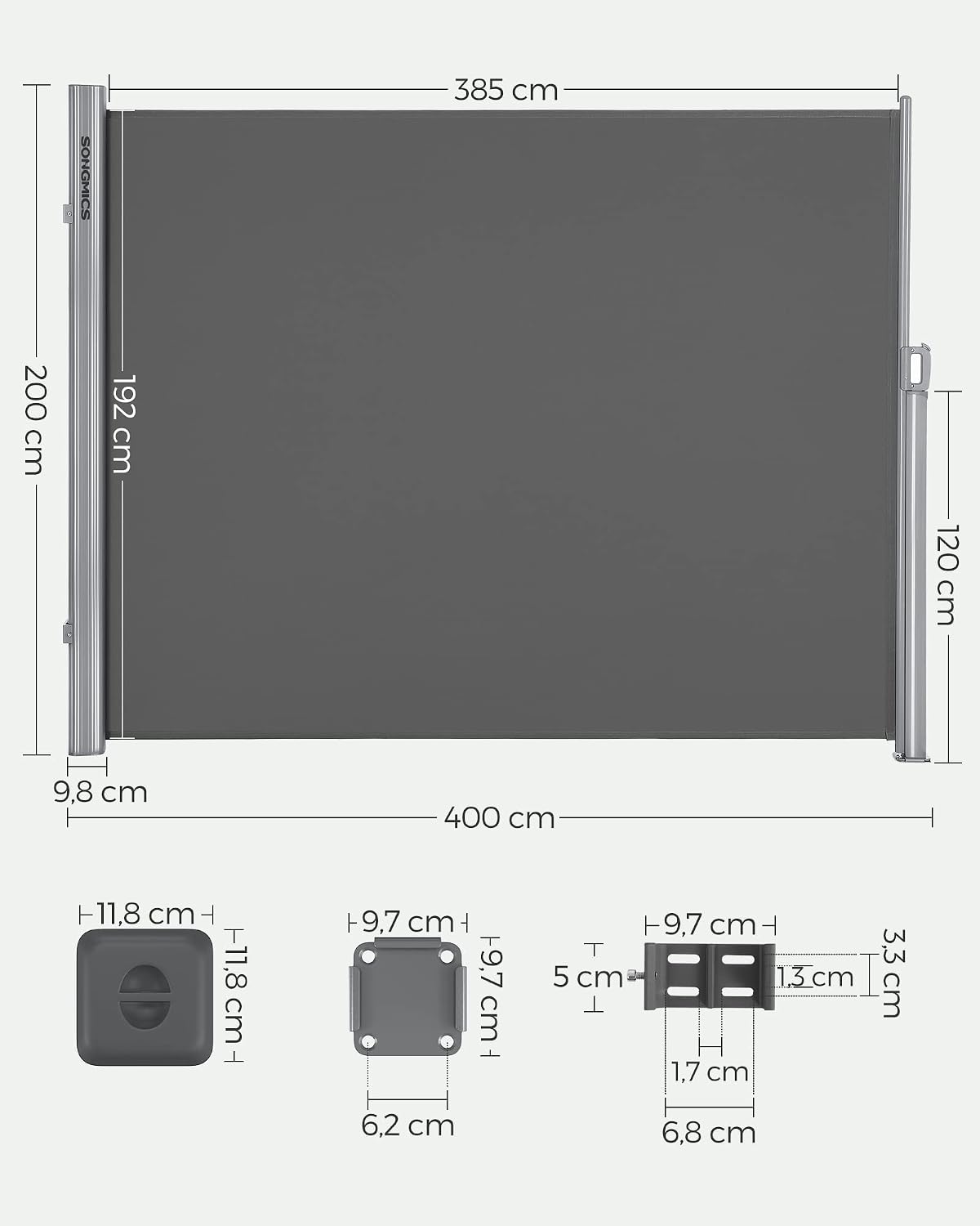 Detalle 2 de SONGMICS Alu-Seitenmarkise ausziehbar GSA204G01 – 200 x 400 cm, blickdicht & Sonnenschutz, anthrazit