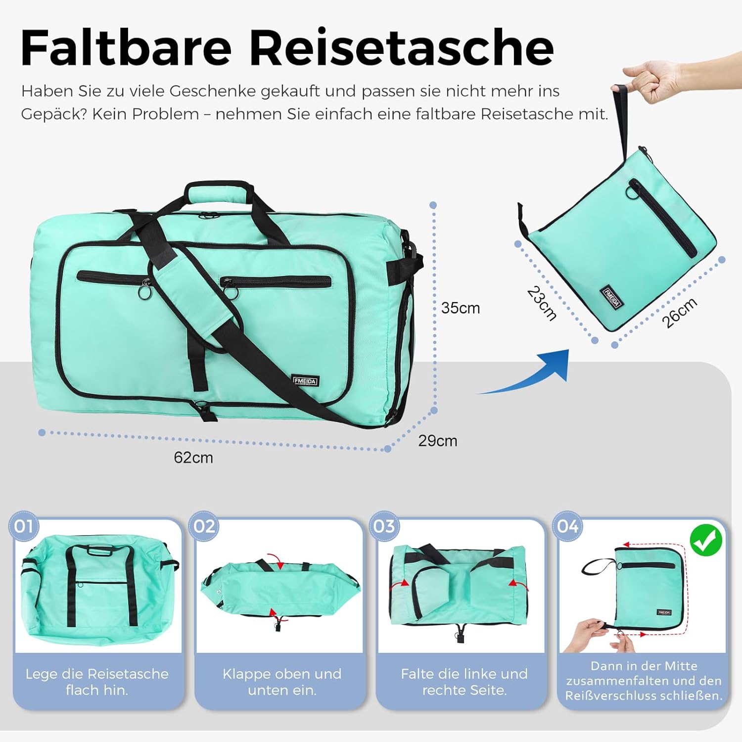 Detalle de Fmeida Reisetasche 65L (faltbar) mit Schuhfach – Duffle Bag & Kliniktasche in Mintgrün