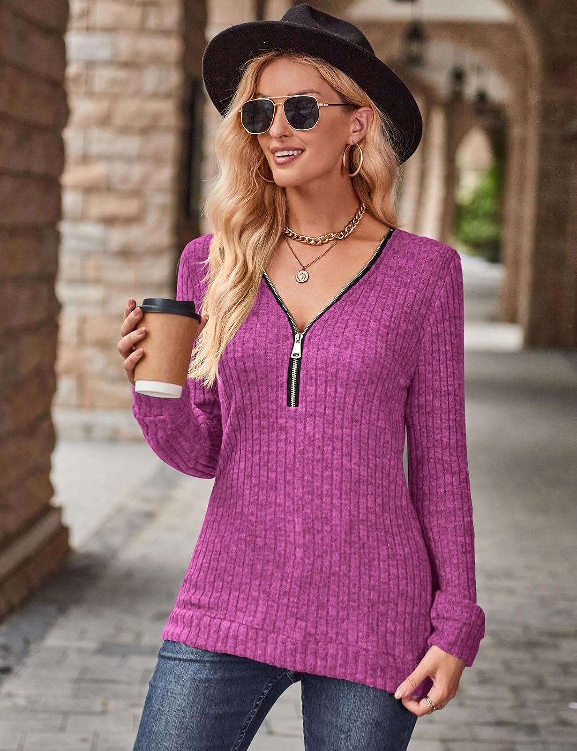 Detalle 2 de Gemulate women’s long sleeve V-neck zip jumper top – lightweight knit striped sweater
