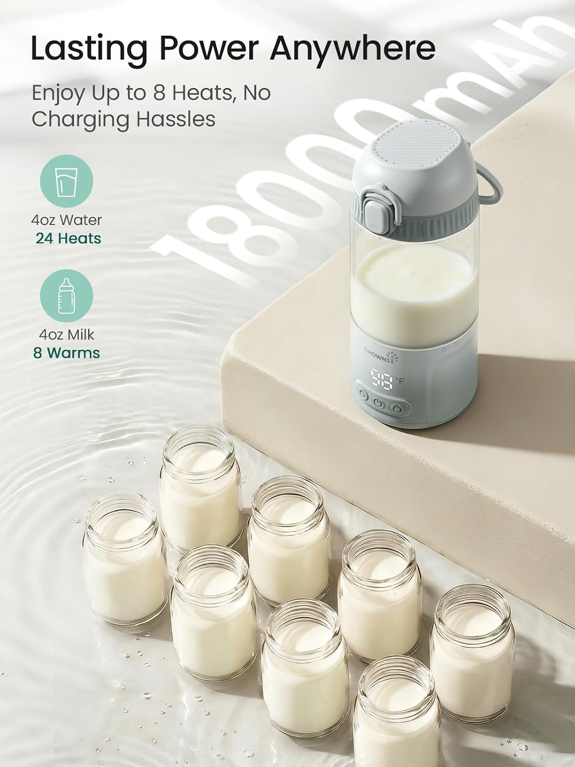 Detalle 2 de Grownsy Portable Bottle Warmer with Direct Feeding, Dual Heat Modes & 18,000mAh Battery