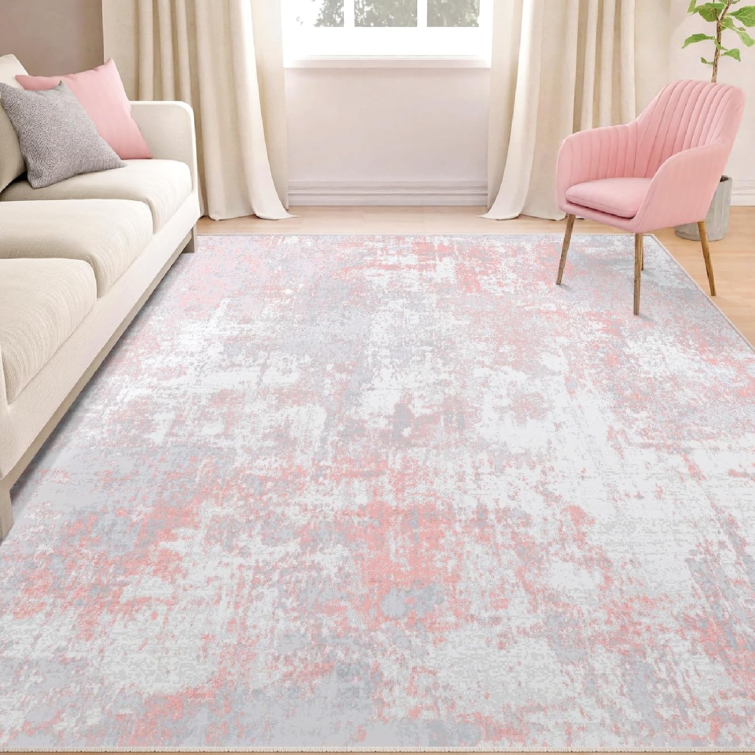 Thumbnail 2 de RELEANY Washable Area Rugs 5'x7' Non-Slip Modern Abstract (Grey Pink) – Tides Series