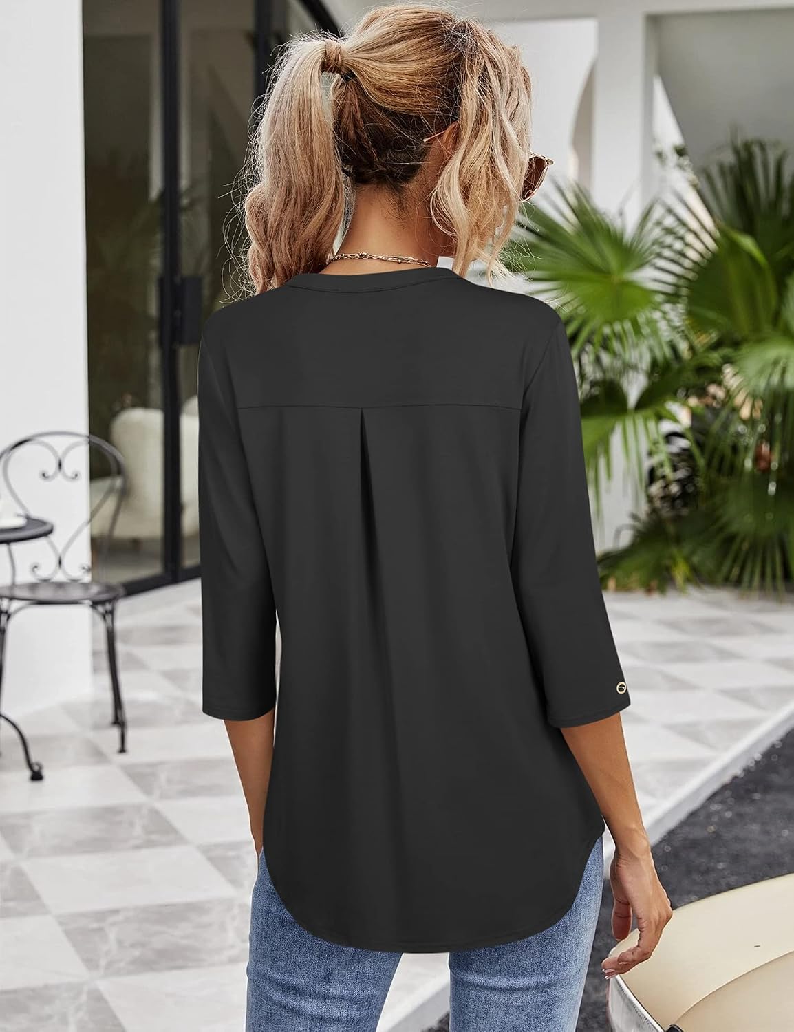 Detalle de Gaharu Damen Bluse 3/4 Arm – elegante V-Ausschnitt Tunika langes Top, Flowy, Jersey-Strick