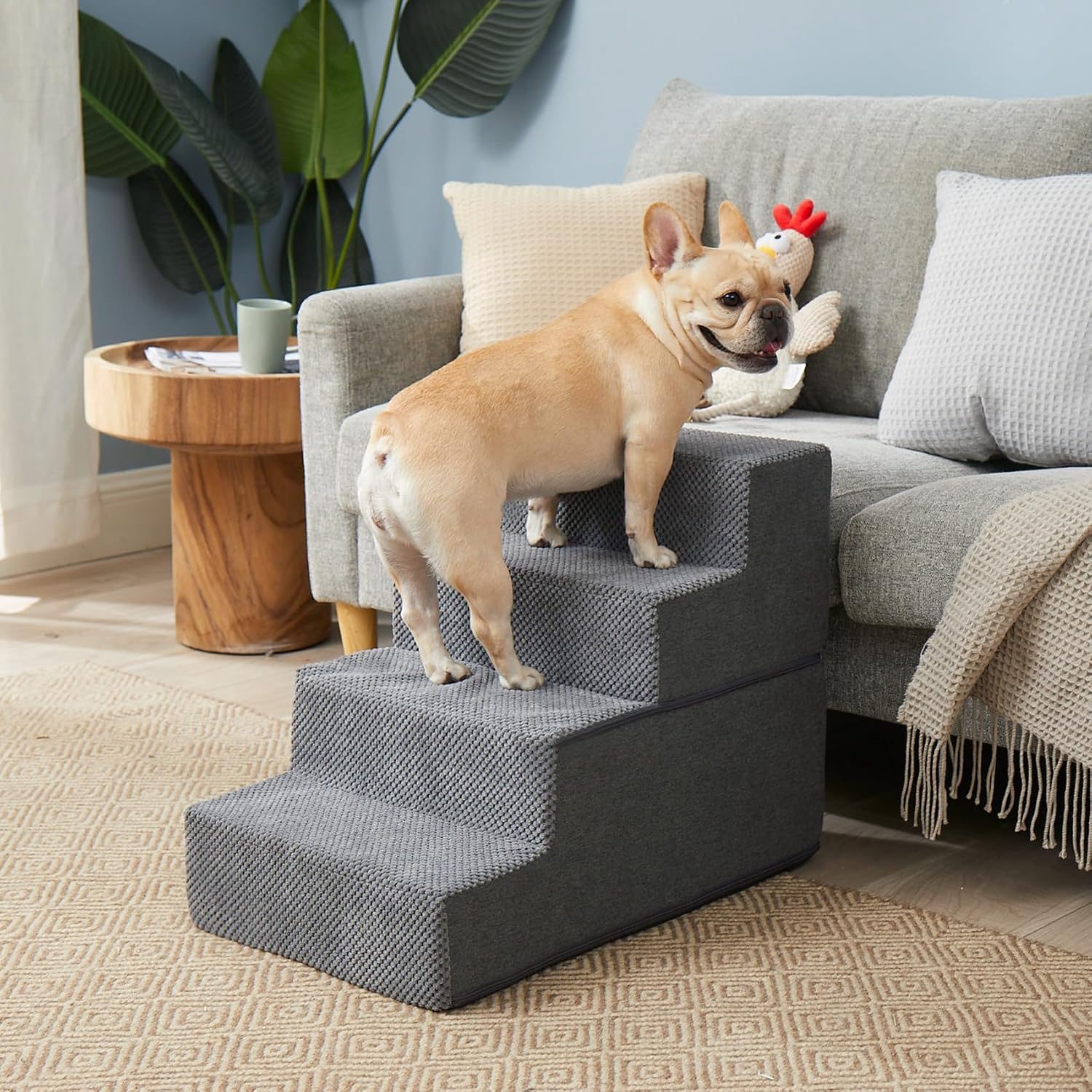 Detalle de EHEYCIGA Model 4 Dog Stairs, 18-Inch Four-Step Bed Steps, Gray Fleece