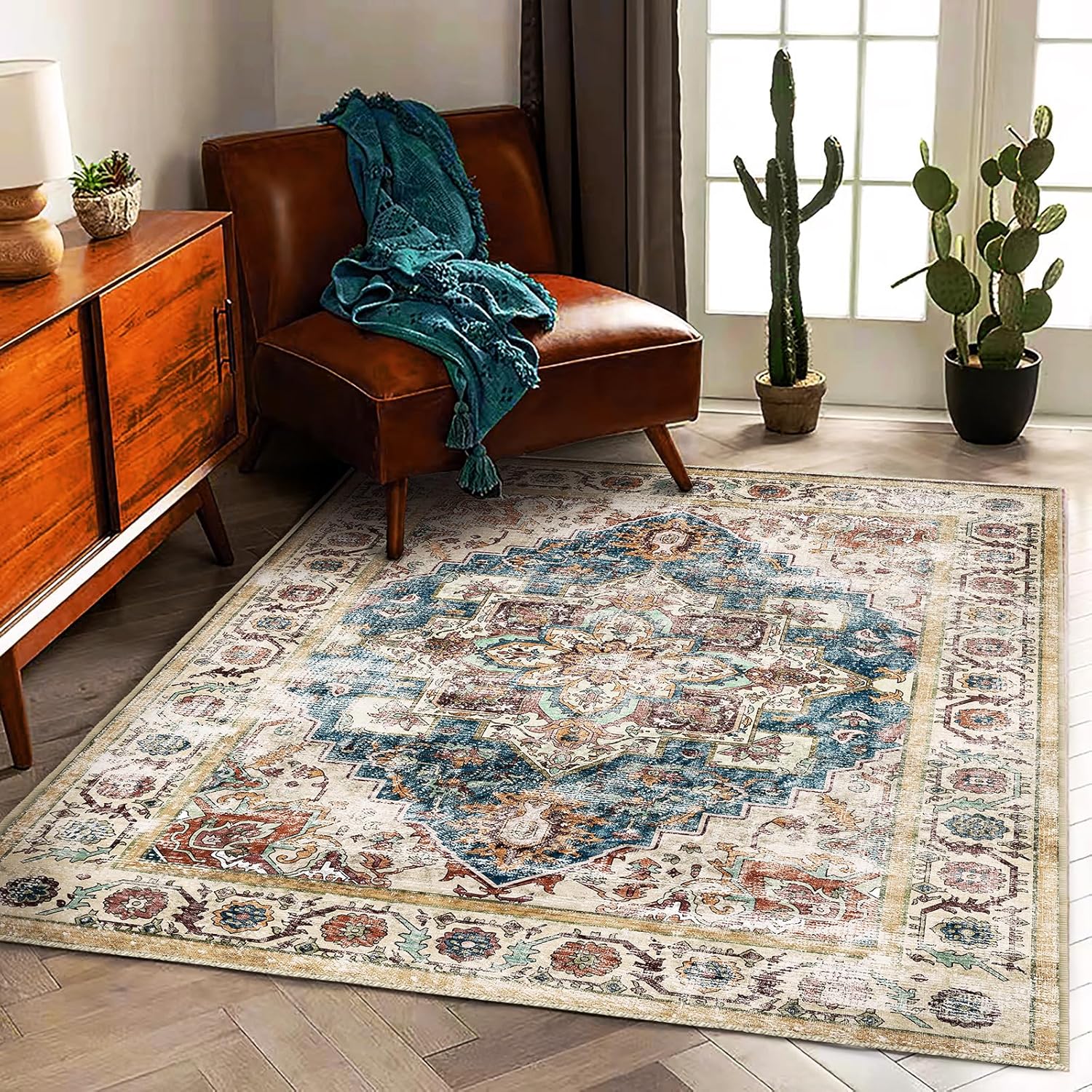 Thumbnail 2 de CHAMPLANT Washable Vintage Rug 6'x9' Boho Beige Blue Medallion – Non-Shedding, Easy-Care