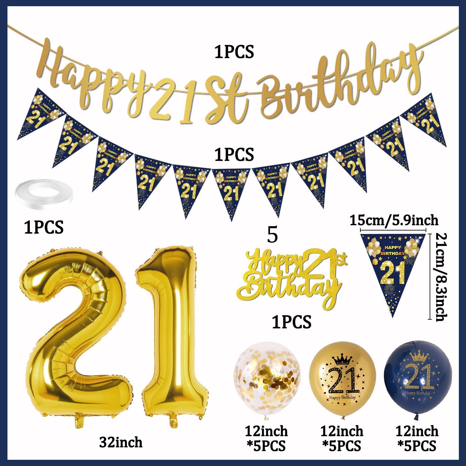 Thumbnail 1 de 21st Birthday Decorations for Men (Blue & Gold) – Banner, Foil Balloon, Confetti Balloons & More