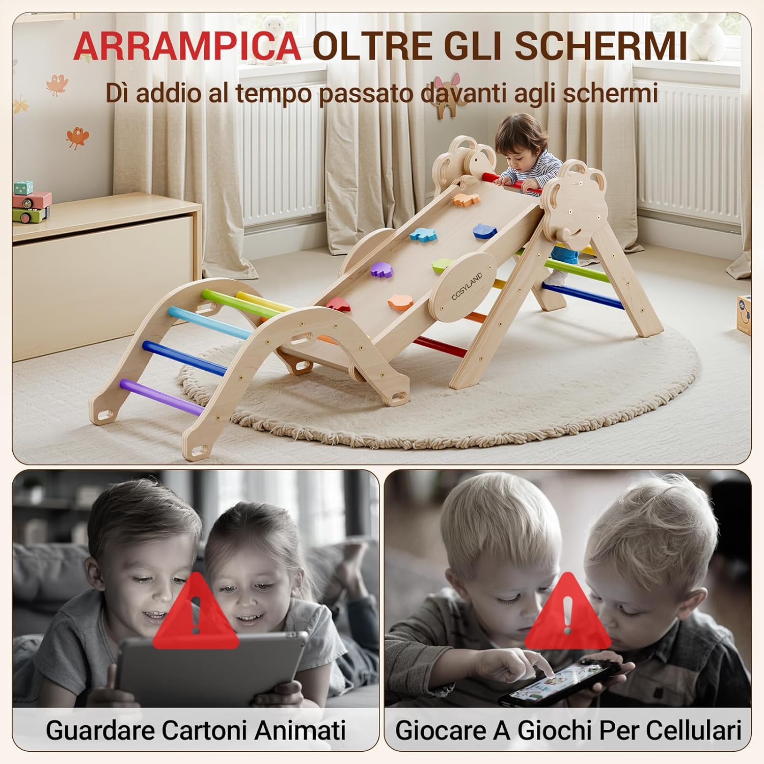 Thumbnail 6 de COSYLAND Set di Arrampicata 8 in 1 per Bambini – Triangolo Pikler e Arco Montessori Compatti (Arcobaleno Classico)