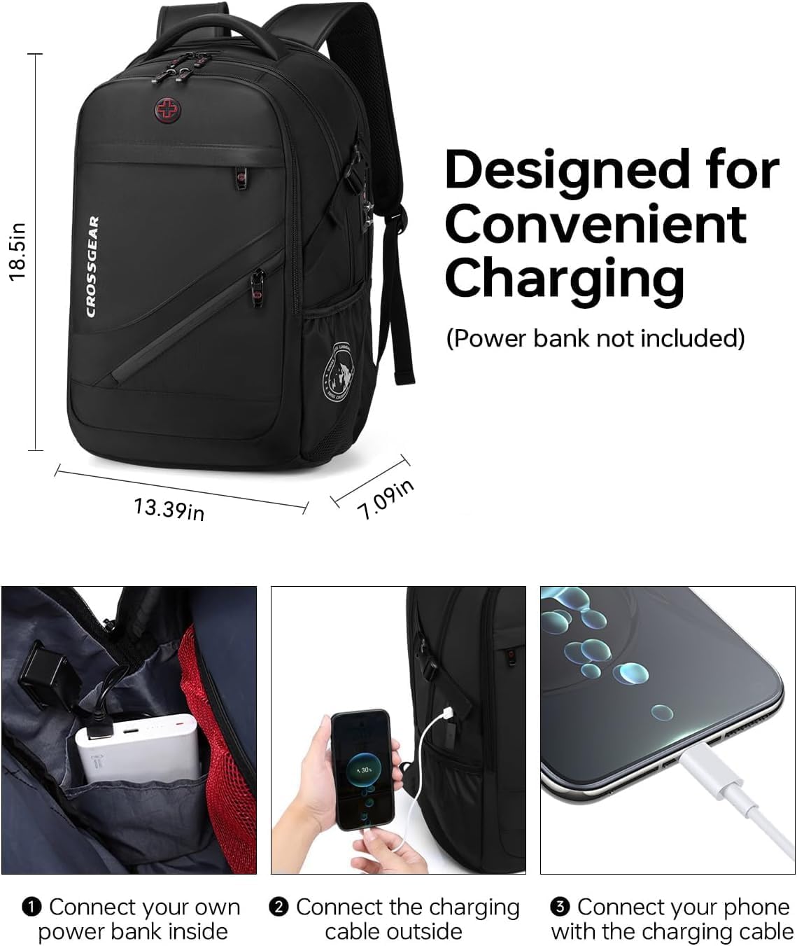 Detalle de CROSSGEAR 17.3" Laptop Backpack with Anti-Theft Lock, Waterproof Travel Bag (USB-A & USB-C Charging) – Black