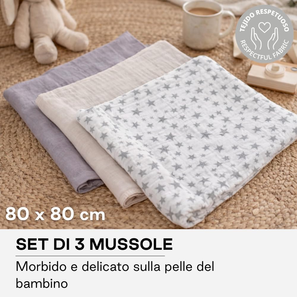 Detalle de Jané Set 3 Mussole Neonati 80x80 cm in Cotone e Bambù Naturale