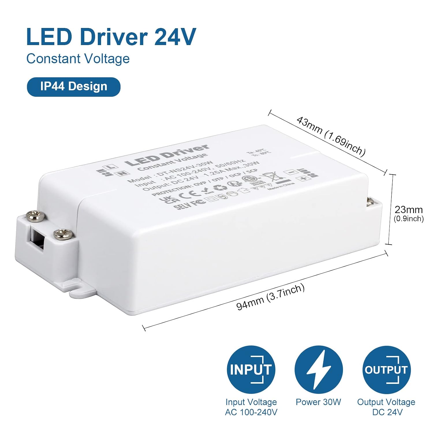 Detalle de VARICART 24V LED Driver 30W Power Supply (1.25A) – Compact, IP44, Non-Dimmable