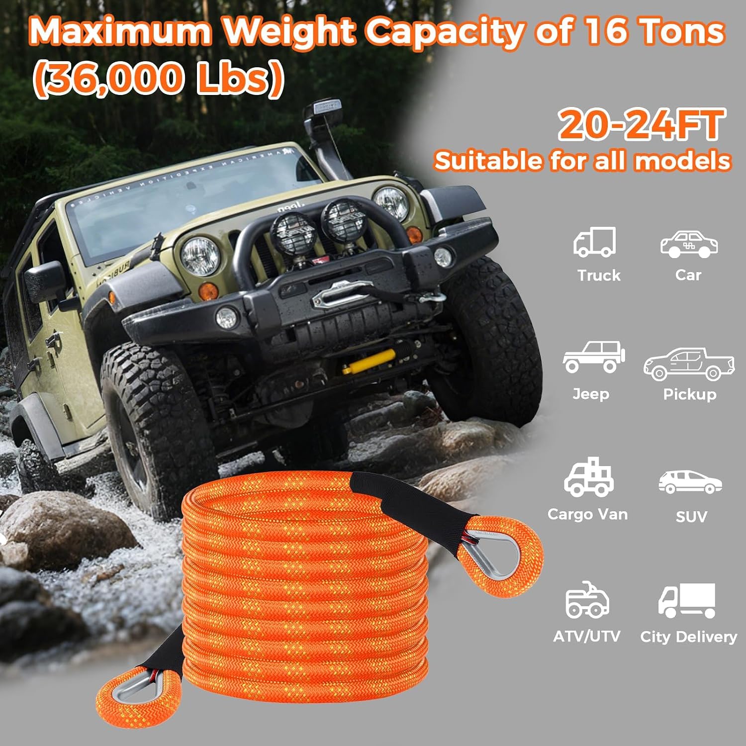 Thumbnail 4 de Longzhuo 6M (20FT) Tow Strap Recovery Rope 22,000 LBS Heavy Duty with D Shackles, Storage Bag & Gloves