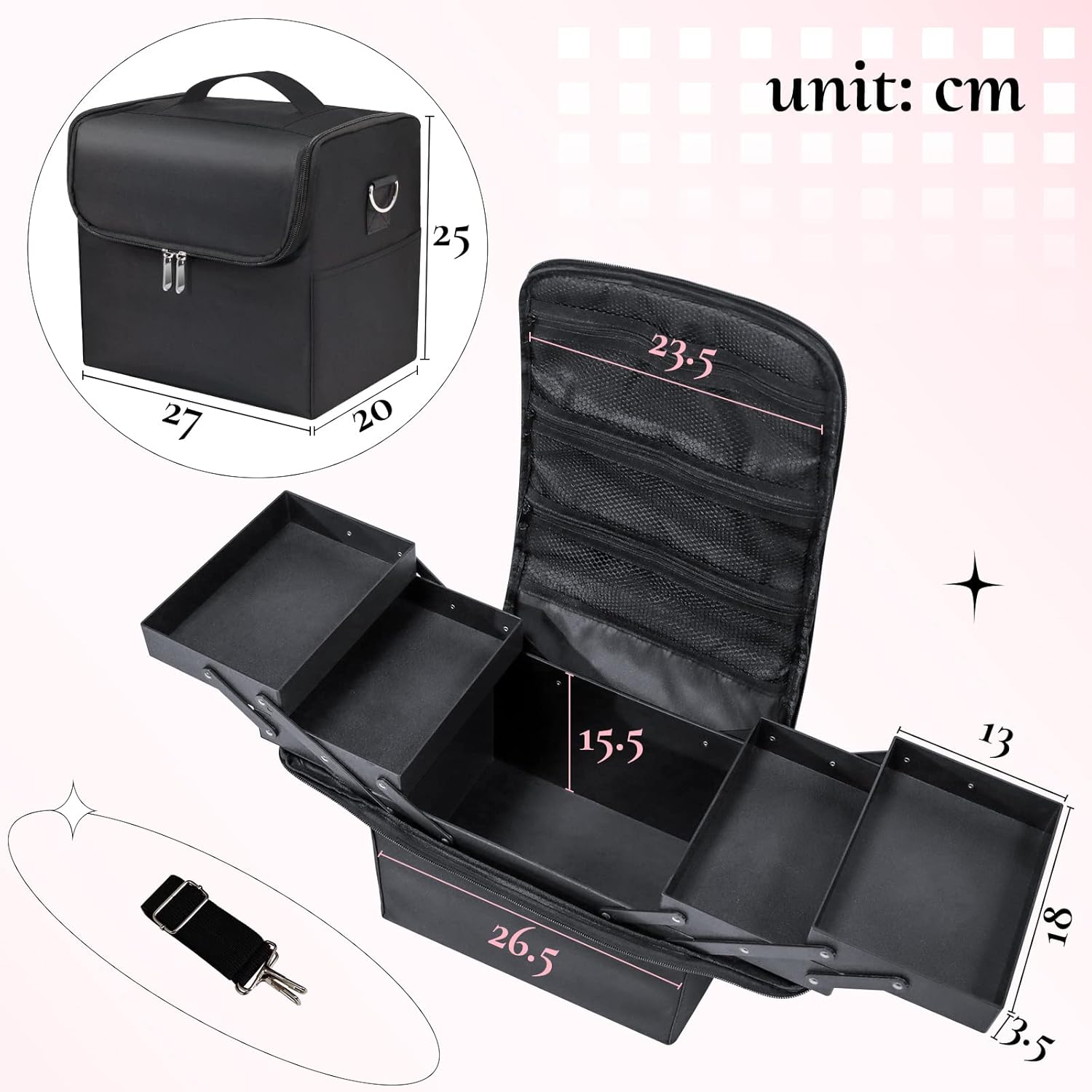 Thumbnail 5 de Feibrand Large Makeup Organiser Box Vanity Case – Black travel make up bag with 2 layers, 4 expandable trays