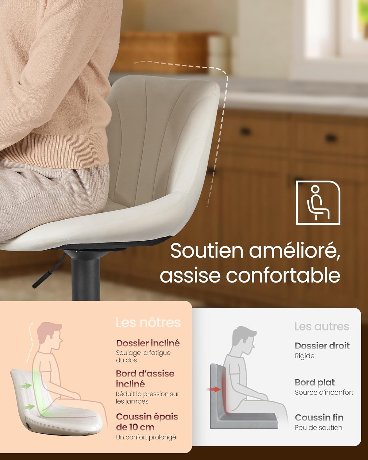 Thumbnail 3 de VASAGLE Tabourets de Bar avec Dossier – Hauteur Réglable, Rotation à 360°, Velours Blanc Crème (Lot de 2) LJB161WD01