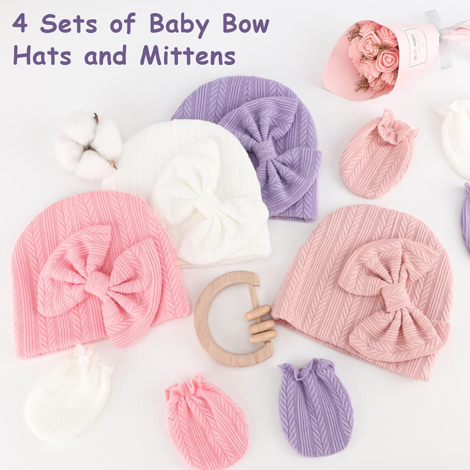 Thumbnail 4 de DRESHOW newborn hat & mittens set (cotton), bow style for 0–6 months