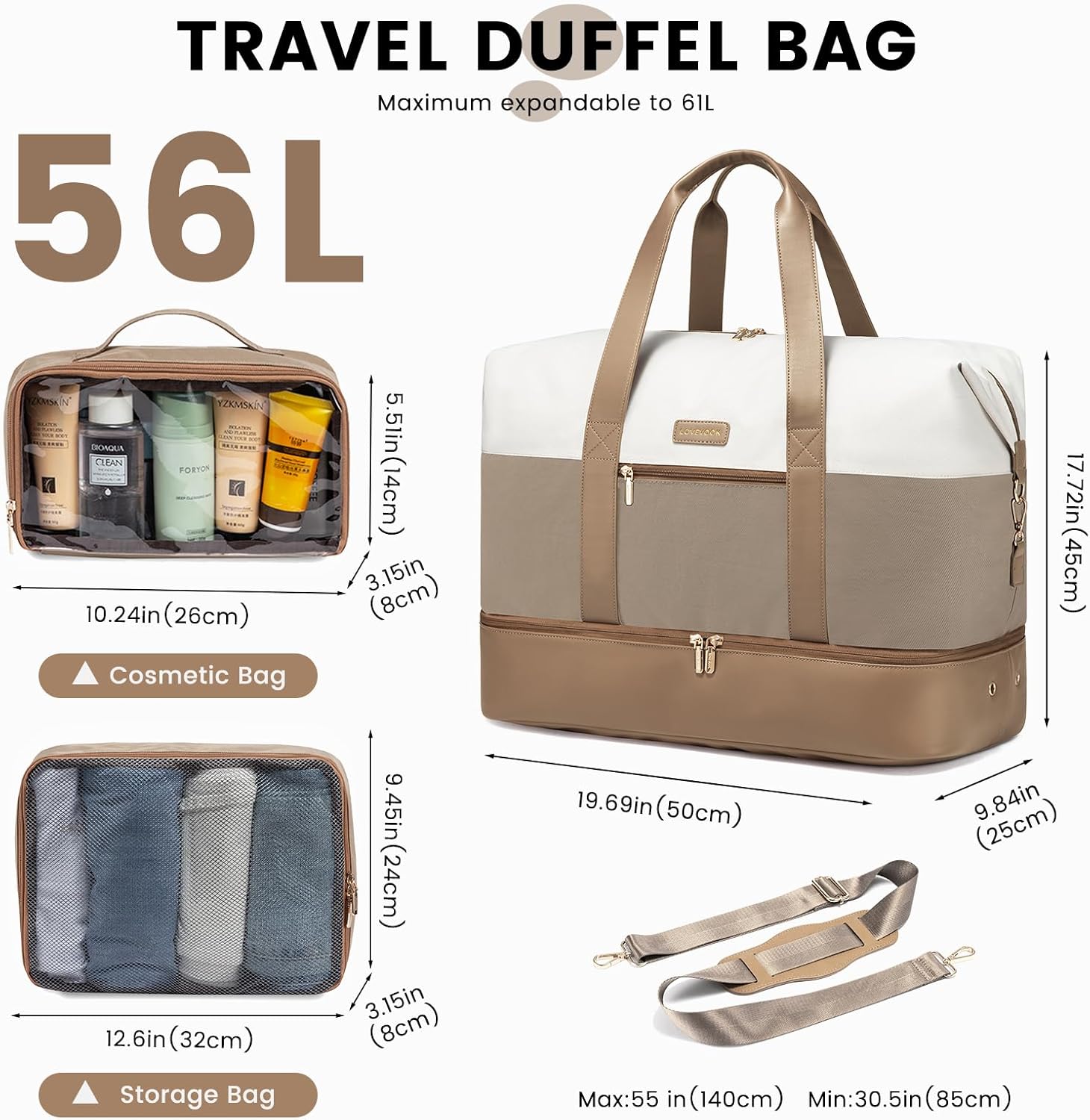Detalle de LOVEVOOK Travel Overnight Bag for Women: Waterproof Duffle with Shoe Compartment, Wet/Dry Split, and Trolley Sleeve