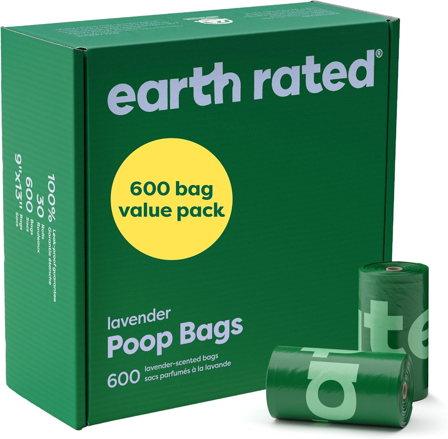 Earth Rated Sacchetti igienici per cani – 600 pezzi, a prova di perdite, profumati alla lavanda, rotoli di ricarica