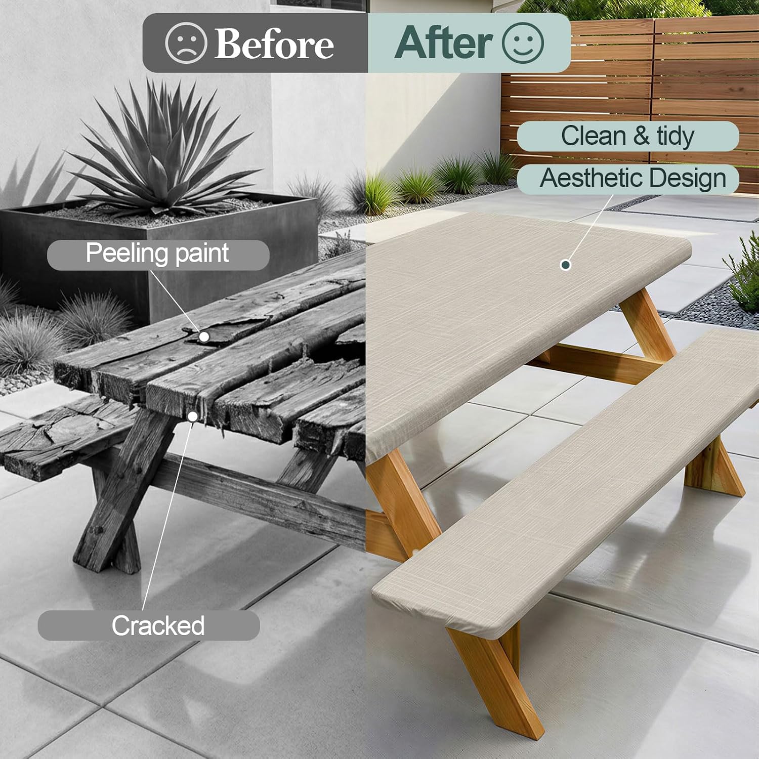 Detalle 2 de Picnic Table Cover with Bench Covers for 6FT Tables (72in) — Waterproof, Windproof Set with Drawstring Bag, Beige Linen Texture