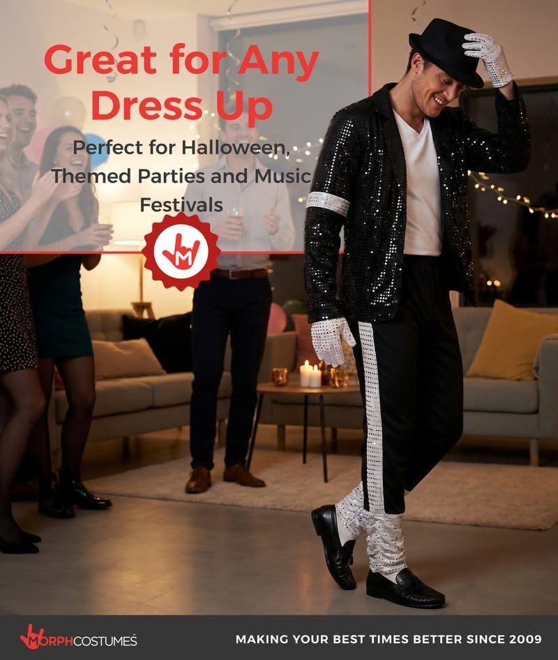 Detalle 2 de Morph Popstar Costume for Men with Black Sparkle Jacket, Silver Gloves & Fedora