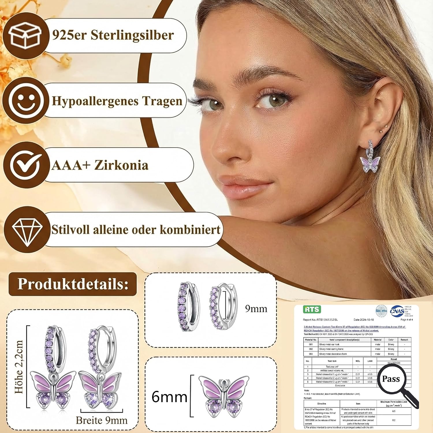 Detalle de XOEMEL Ohrringe aus 925 Silber: kleine Creolen mit Herz-Zirkonia (hypoallergen)