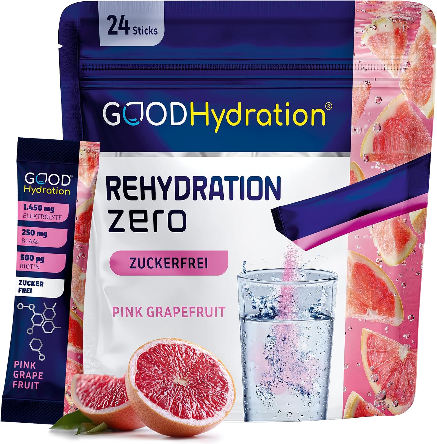 Detalle de GOOD Hydration® Rehydration Booster Grapefruit Elektrolyt-Pulver (1.450 mg) ohne Zucker – 24 Sticks