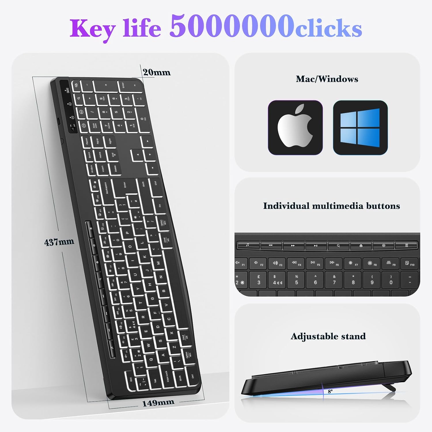 Thumbnail 4 de TECURS Wireless Keyboard White Backlit (UK QWERTY, 2.4G, Full Size)