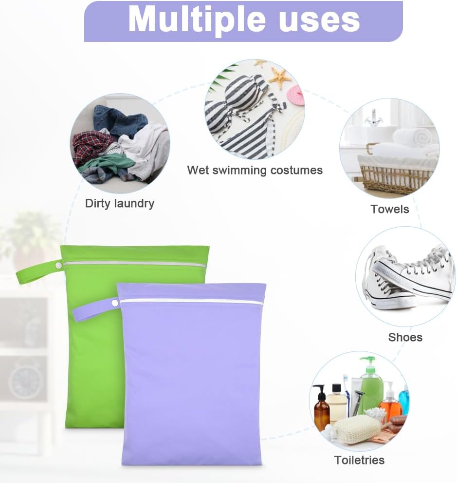 Thumbnail 3 de AOOSA 2PCS Wet Bags: Reusable Cloth Diaper Bags with Handle and Zipper (Green & Purple)