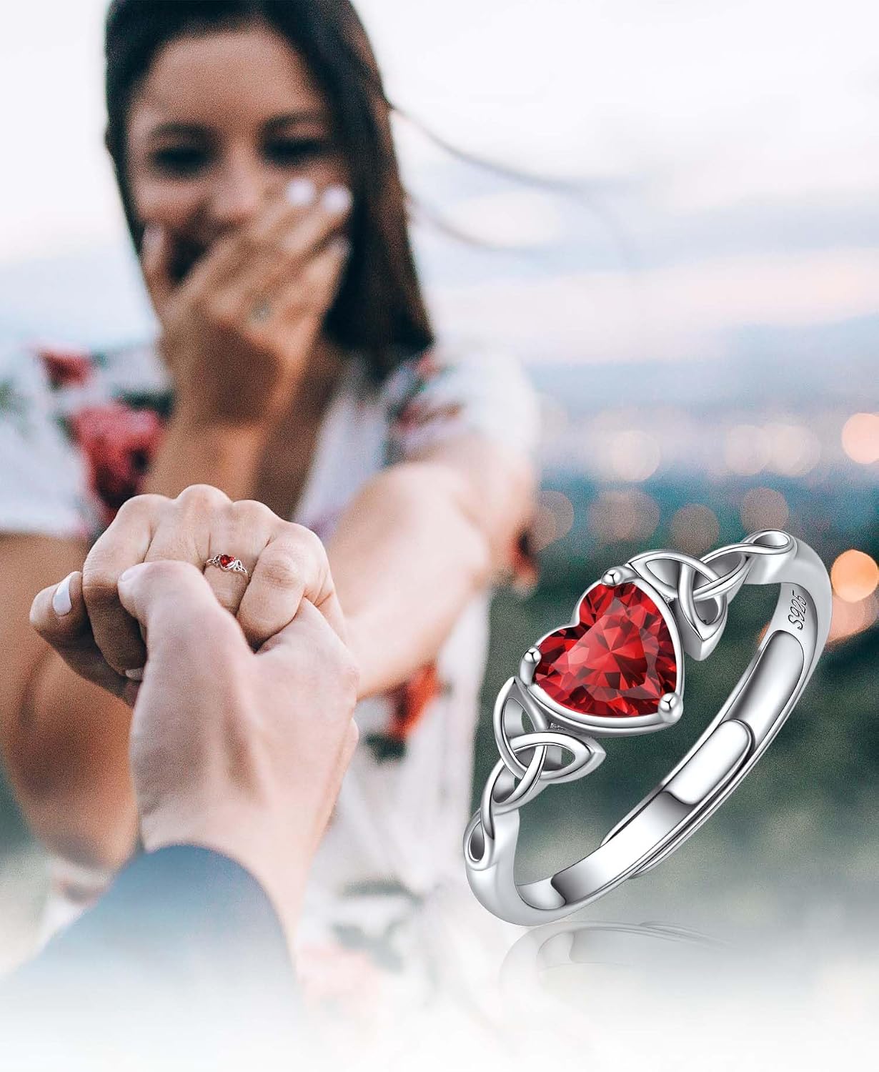 Detalle de ChicSilver Bague femme argent réglable à nœud celtique et pierre cœur