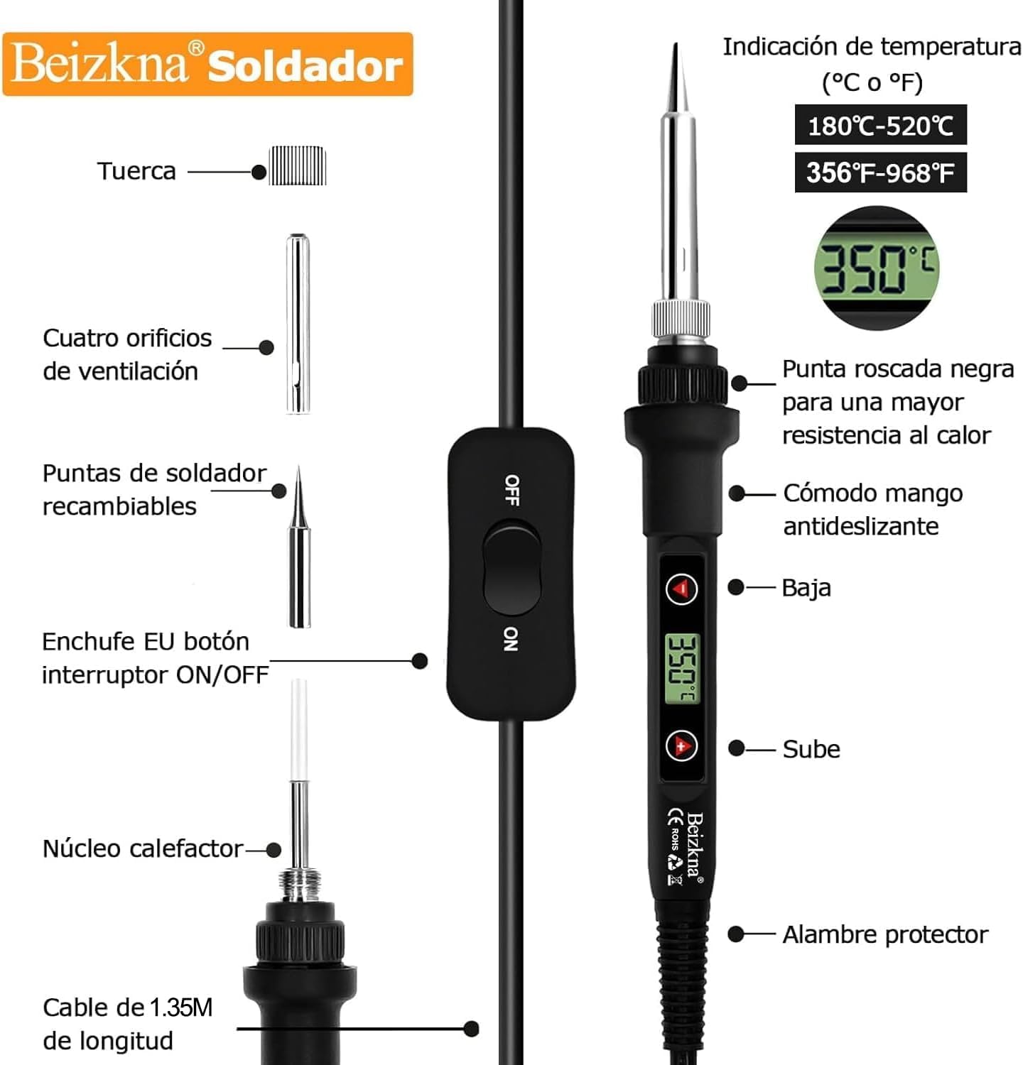 Thumbnail 3 de Beizkna 80W Soldador de estaño con temperatura ajustable 180–520°C