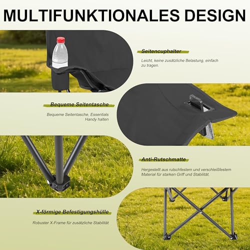 Detalle de Symino Campingstuhl Faltbar mit Getränkehalter und Seitentasche – Anglersessel klappbar, 120 kg Traglast, Schwarz