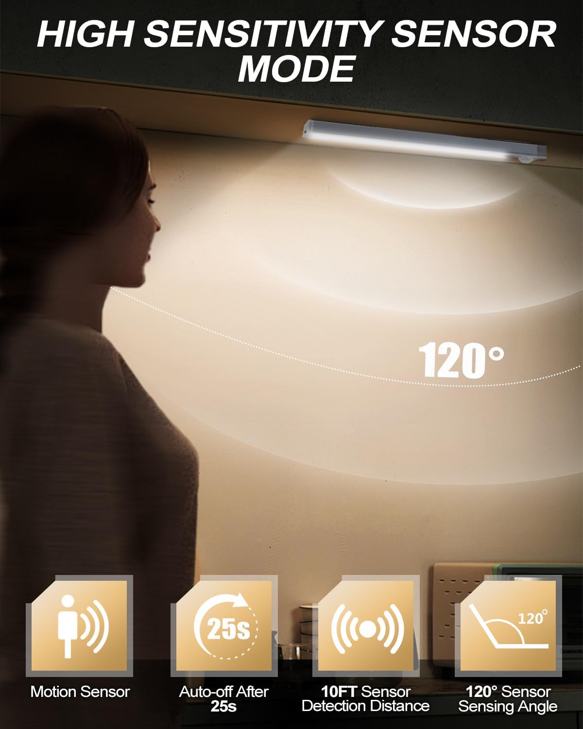Detalle 2 de KALAHOL Under Cabinet Kitchen Lights 4 Pack — USB-C, Motion Sensor, 4 Modes, Stepless Dimming