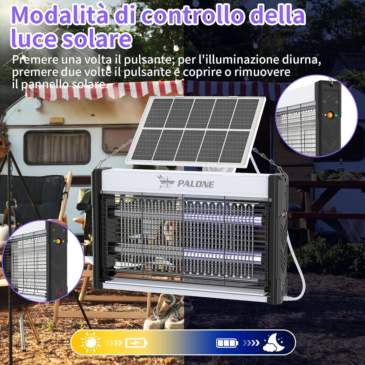 Detalle de PALONE Lampada Antizanzare Elettrica con Ricarica Solare 3600mAh – Protezione versatile per interni ed esterni