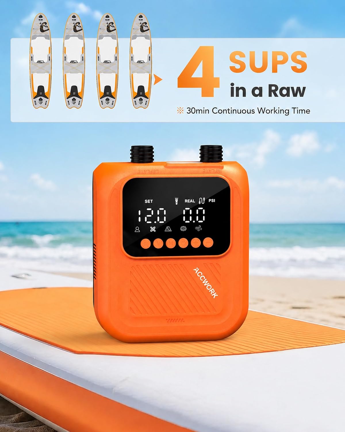 Detalle de Accwork Electric SUP Pump 20 PSI: 12V Car-Powered Dual-Stage Inflator with 7 Nozzles