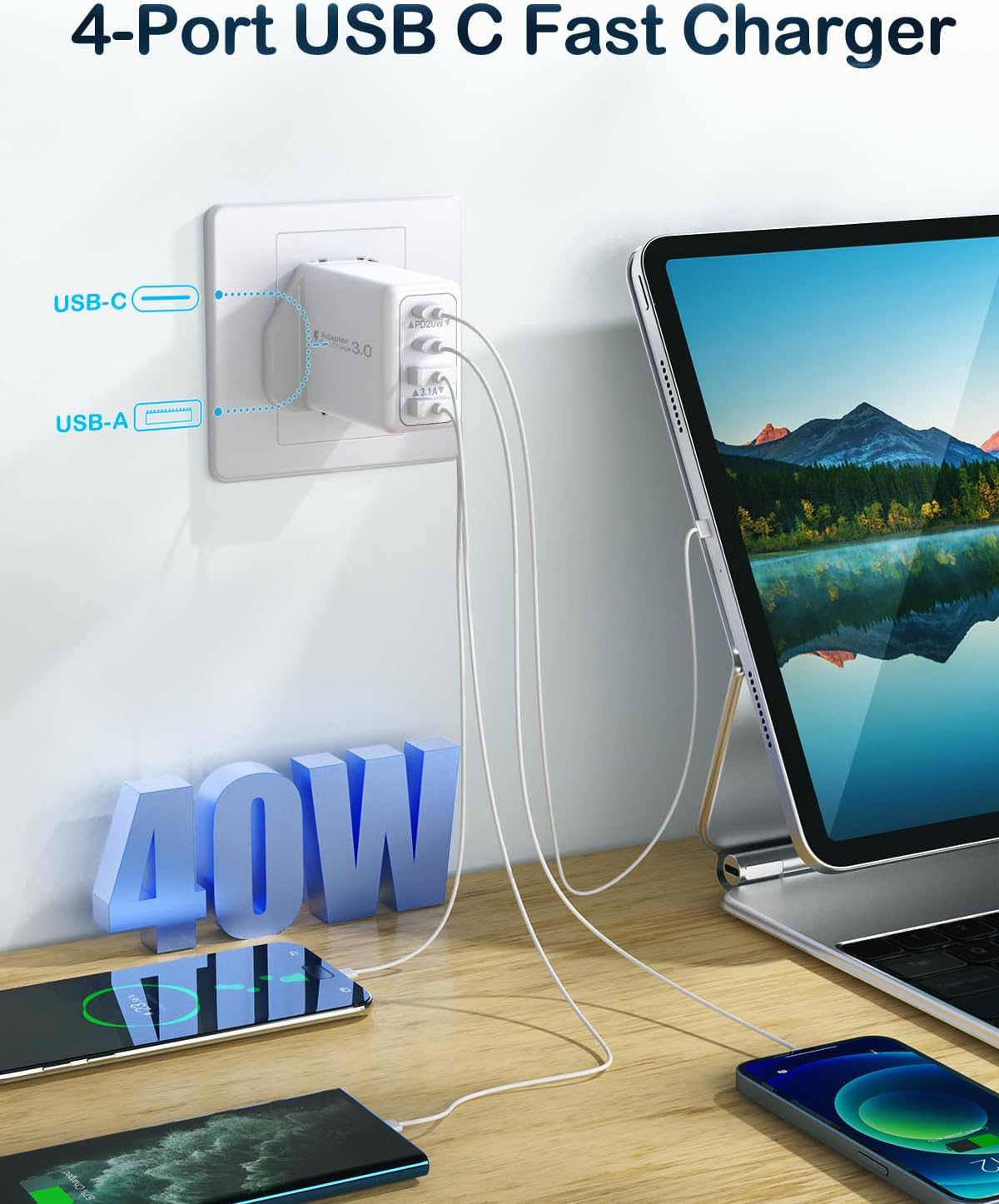 Thumbnail 1 de 2-Pack USB C Plug Fast Charge 40W 4-Port USB C Charger Plug UK