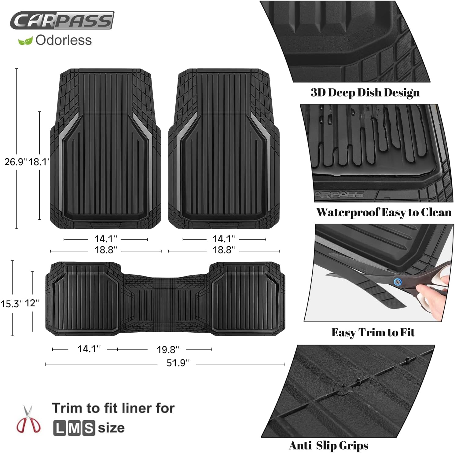 Detalle de CAR PASS Heavy Duty Rubber Floor Mats 3pcs