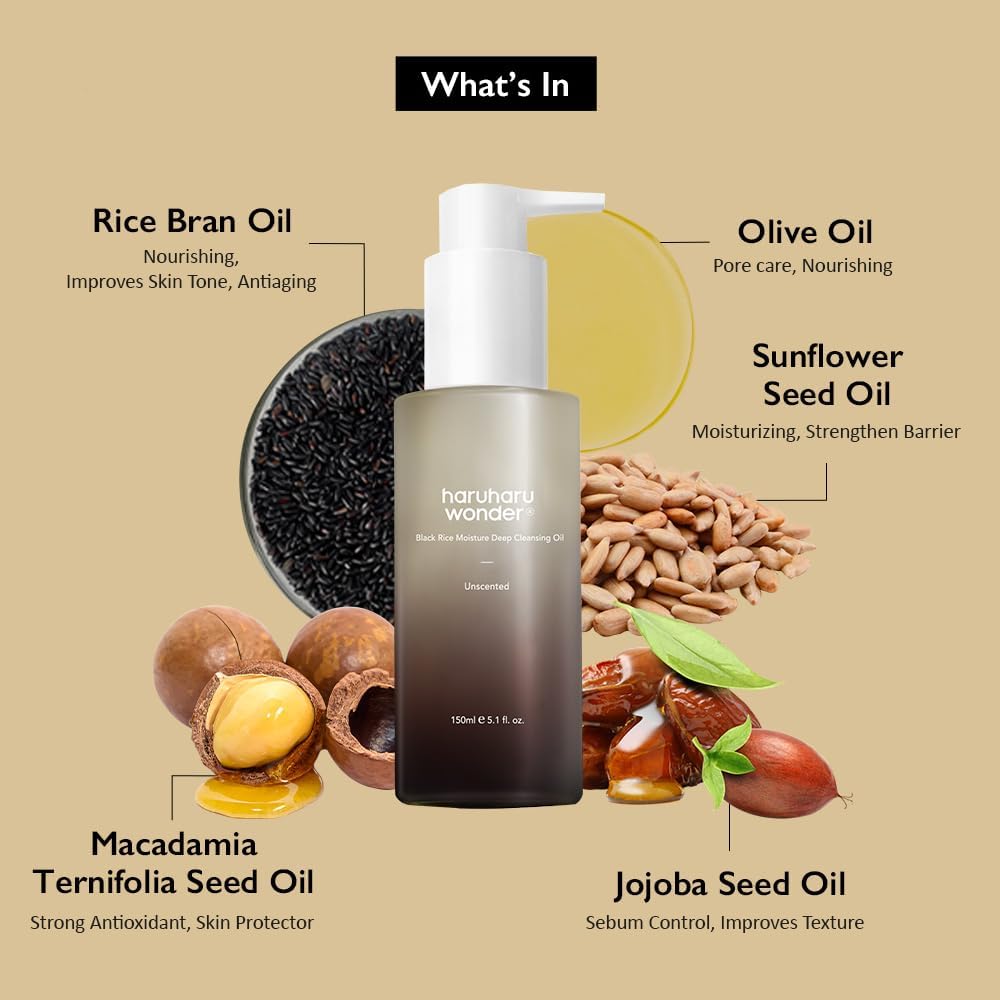 Detalle de Haruharu Wonder Black Rice Moisture Huile Nettoyante en Profondeur – Nettoyant et démaquillant visage coréen, vegan et sans cruauté