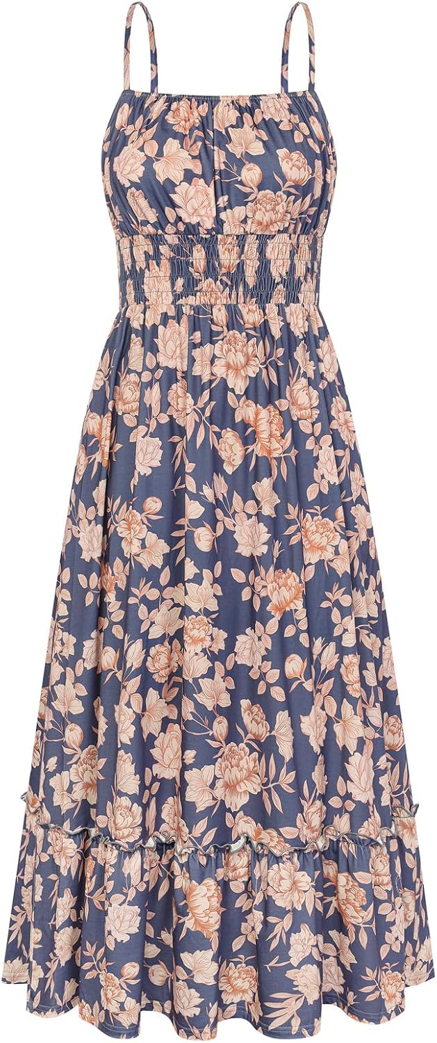 Detalle de GRACE KARIN Summer Dresses for Women 2026 Smocked Floral Maxi Dress with Pockets