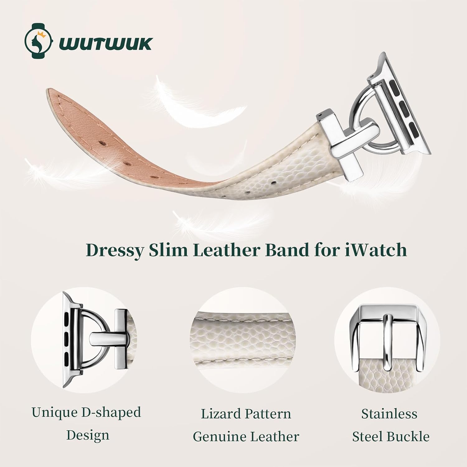 Detalle de Wutwuk Leather Apple Watch Strap for Women — 38–42mm with D-Buckle (White & Silver), Compatibility with SE/Series 1–11