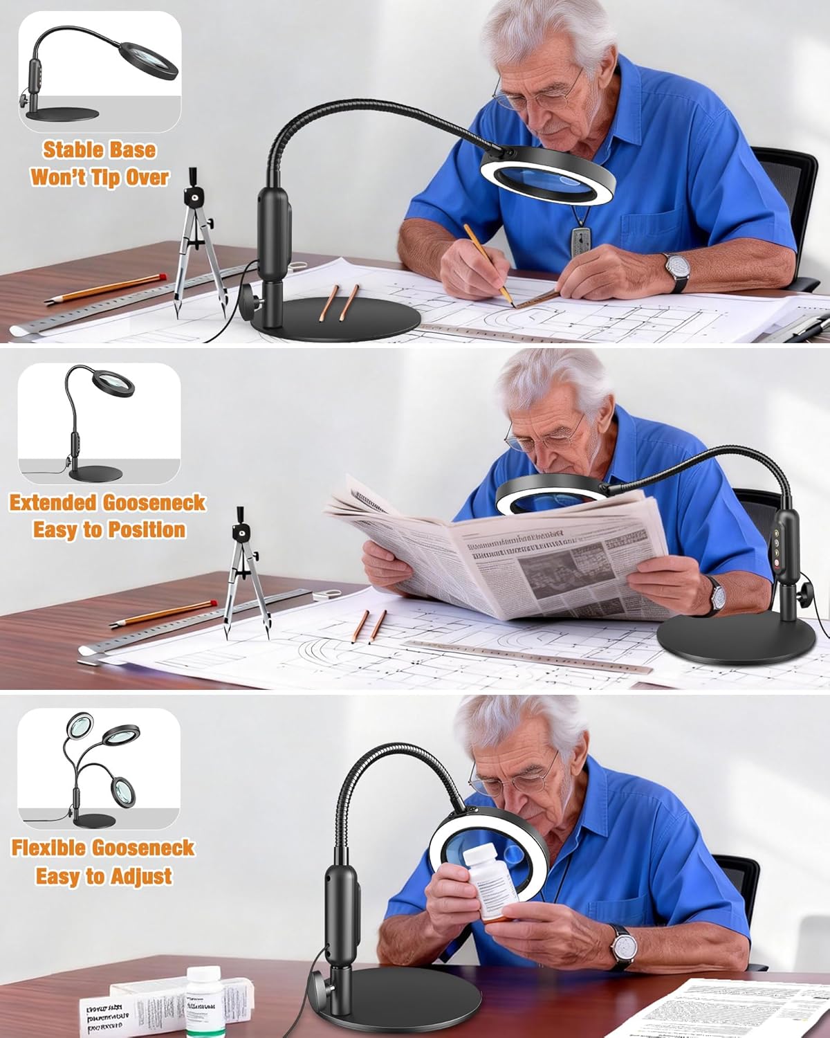 Thumbnail 6 de 30X 10X Magnifying Glass with Light and Stand — 5 Color Modes, Stepless Dimmable, HD Lens, Gooseneck